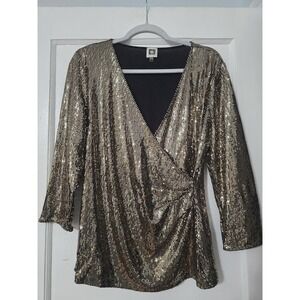 Anne Klein Blouse Black Gold Metallic Knit Stretch Party Formal Wrap Size Large